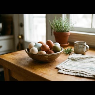 A wire basket of mixed-color eggs on a wooden butcher block