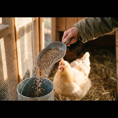A hand pouring layer feed from a metal scoop as a Buff Orpington hen watches