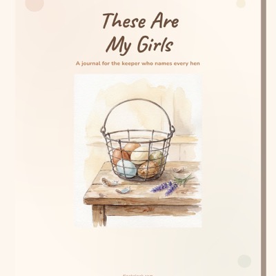 Watercolor cover art for 'These Are My Girls' — a printable Flock Clock journal showing a wire egg basket with mixed-color eggs on a wooden table