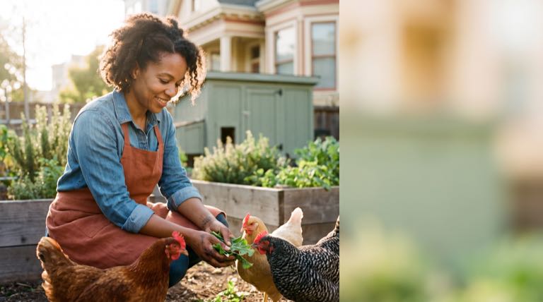A keeper in a terracotta apron feeding fresh greens to her hens in the yard behind her home