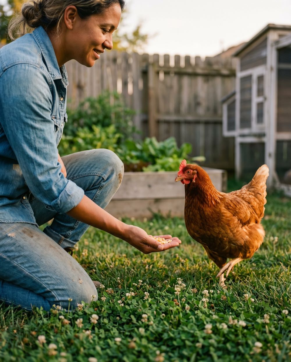 A Latina keeper crouched in her backyard, smiling as she offers cracked corn from an outstretched hand to a Rhode Island Red hen mid-step, raised bed and coop behind her in golden-hour light