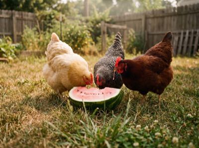 Three hens pecking at a wedge of watermelon on a grassy lawn