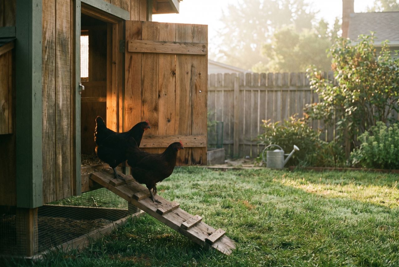 Soft morning light across the coop yard with two hens foraging near the feeder